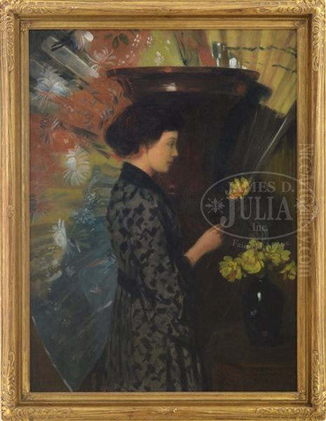 Portrait Of A Young Woman Arranging Flowers Oil Painting by Hugo Breul