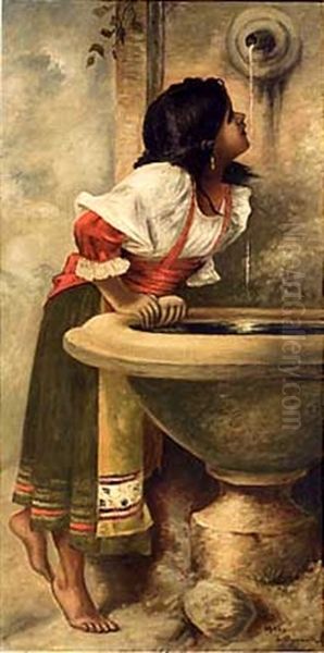 Roman Girl At Fountain (after Leon Joseph Florentin Bonnats) Oil Painting by James Renwick Brevoort