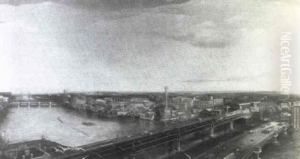 A View From Waterloo Bridge Looking East Down The River     Thames To Tower Bridge Oil Painting by Henry Charles Brewer