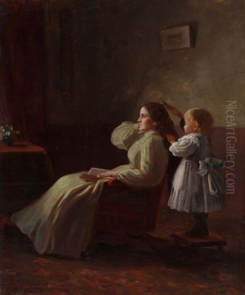 Combing Mother's Hair Oil Painting by Nicholas Richard Brewer