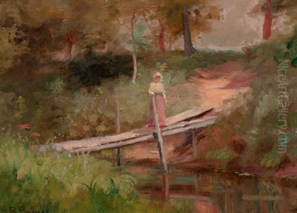 Woman On A Wooded Bridge Oil Painting by Nicholas Richard Brewer