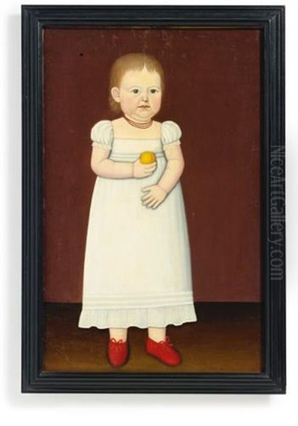 Full Length Portrait Of A Young Child In Red Shoes, White Dress And Holding A Peach Oil Painting by John Brewster Jr.