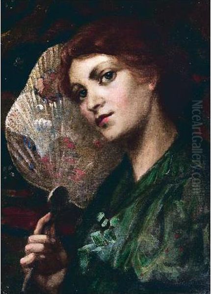 Young Woman Holding A Japanese Fan Oil Painting by Hugh Allan