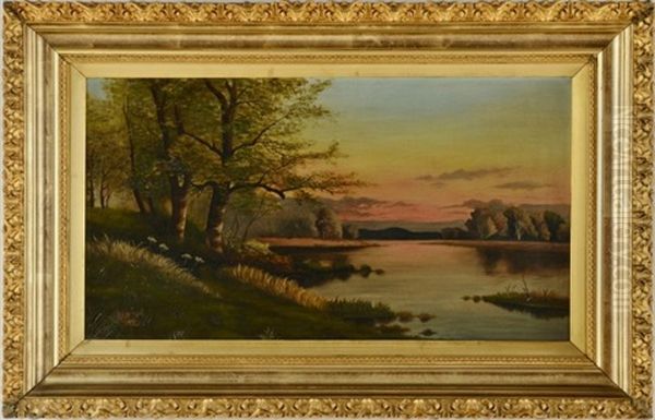 Lake Scene At Sunset Oil Painting by Anna Richards Brewster