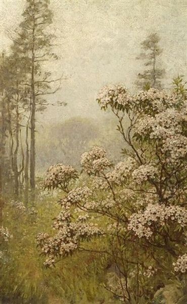 Landscape With Pink Mountain Laurel Oil Painting by Anna Richards Brewster