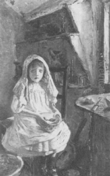 Clovelly, Portrait Of A Girl Seated In A Kitchen Oil Painting by Anna Richards Brewster