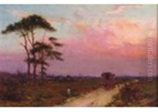 A Coach And Horses On A Heath, Possibly Blackheath With St Paul's Beyond, At Dusk Oil Painting by Edward Frederick Brewtnall