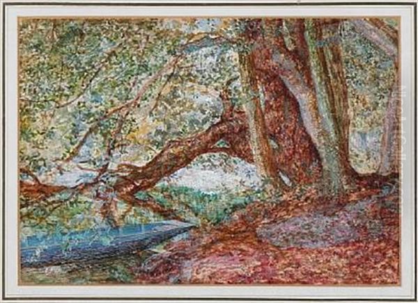 Forest With A Rowboat At The Shore Oil Painting by Edward Frederick Brewtnall