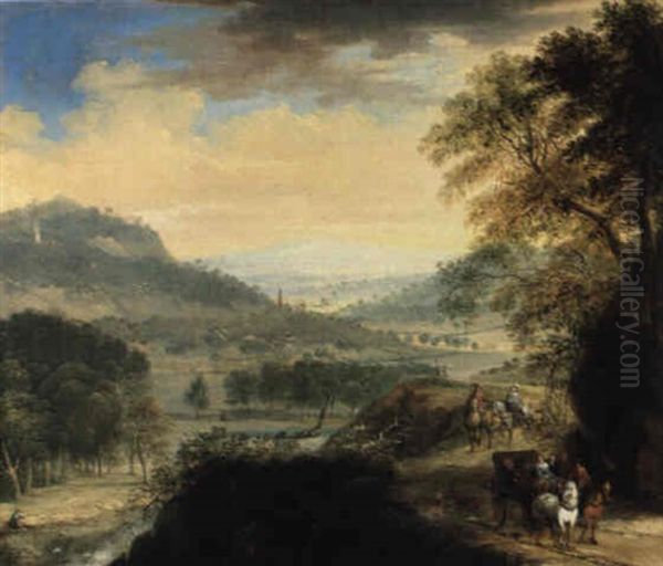 Landschaft Mit Blick Auf Ein Flustal, Rechts Reiter Und Ein Wagen Oil Painting by Frans Breydel