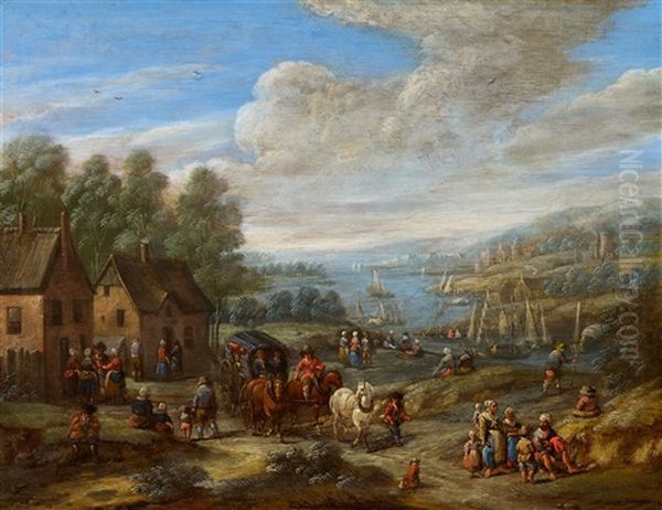 River Landscape With A Village And Travellers Oil Painting by Karel Breydel