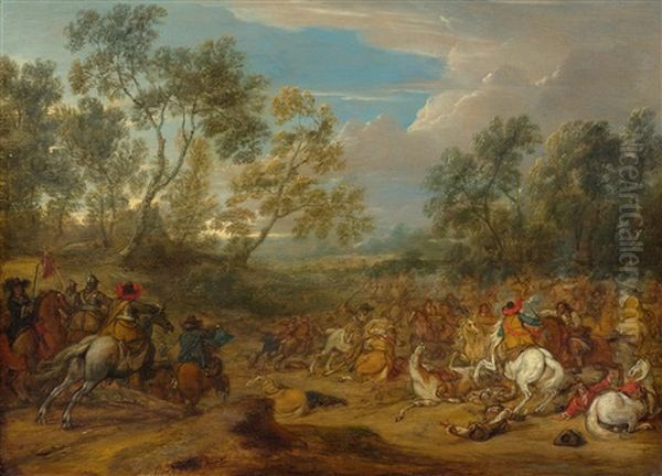 Equestrian Battle In An Area Of Forest Oil Painting by Karel Breydel