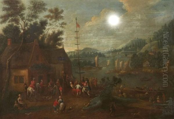 Rejouissance Populaire Devant Un Paysage Fluvial Oil Painting by Karel Breydel