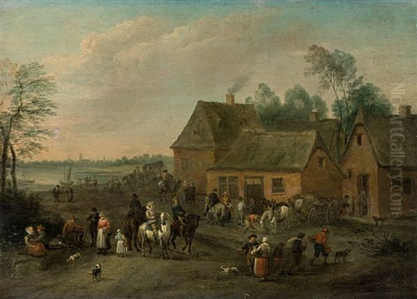 Village Scene On A River Bank Oil Painting by Karel Breydel