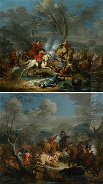 Pair Of Works: Equestrian Battles Oil Painting by Karel Breydel