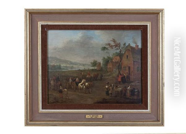 Dutch Village Scene With Figures, Wagons And Riders Oil Painting by Karel Breydel