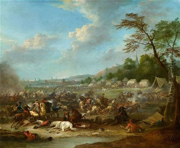 An Encampment And Cavalry Battle Before A Town Oil Painting by Karel Breydel