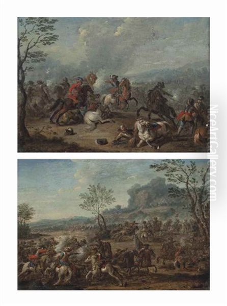 A Cavalry Skirmish In A Mountainous Landscape; And Cavalry On The Battlefield Oil Painting by Karel Breydel