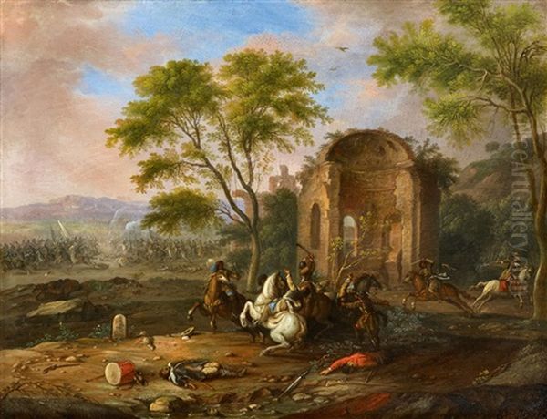 Cavalry Battle In A Hilly Landscape Oil Painting by Karel Breydel