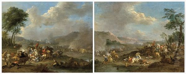 Le Combat De Cavalerie Entre Turcs Et Autrichiens (2 Works) Oil Painting by Karel Breydel