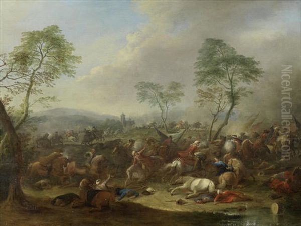 A Cavalry Skirmish In An Italianate Landscape Oil Painting by Karel Breydel