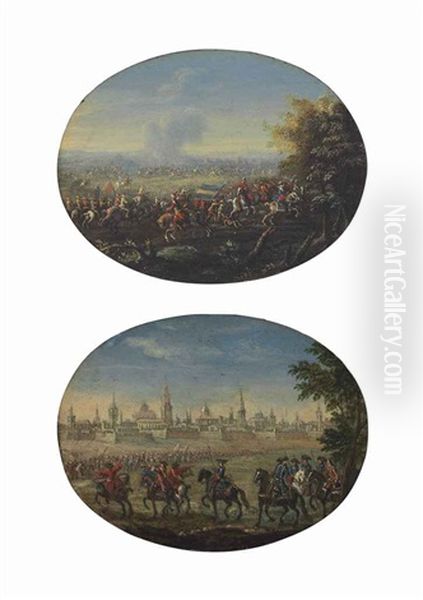 Cavalry And Infantry Outside Of A City; Cavalry And Infantry On The Battlefield (pair) Oil Painting by Karel Breydel