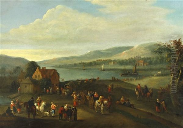 An Extensive River Landscape With Numerous Figures Outside An Inn Oil Painting by Karel Breydel