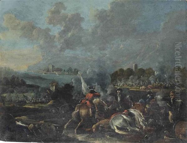 A River Landscape With A Cavalry Skirmish Oil Painting by Karel Breydel