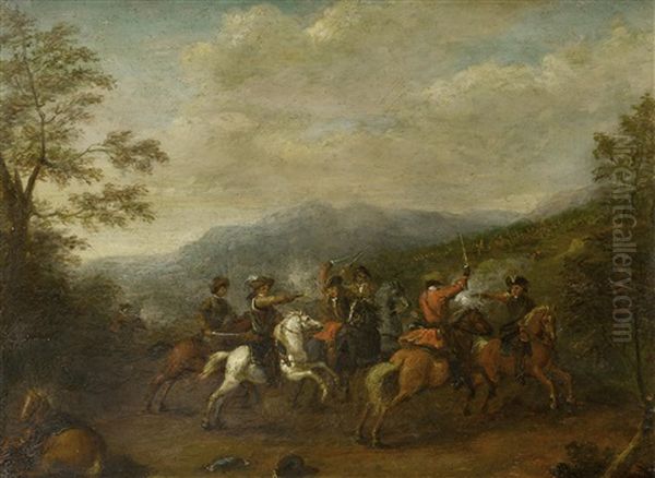 A Cavalry Skirmish With A Mountainous Landscape Beyond Oil Painting by Karel Breydel