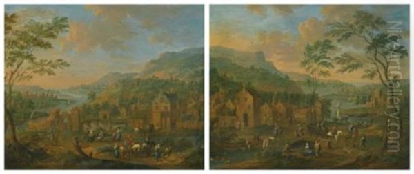 Two Scenes Of A Village On The Banks Of A River (pair) Oil Painting by Karel Breydel