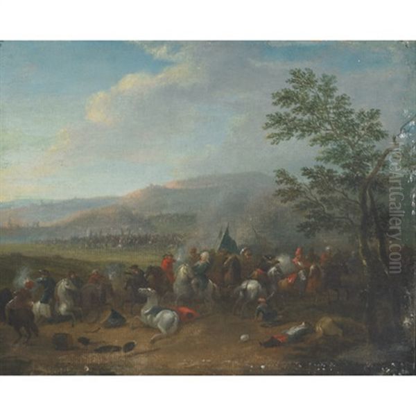 A Cavalry Skirmish In An Extensive River Landscape Oil Painting by Karel Breydel