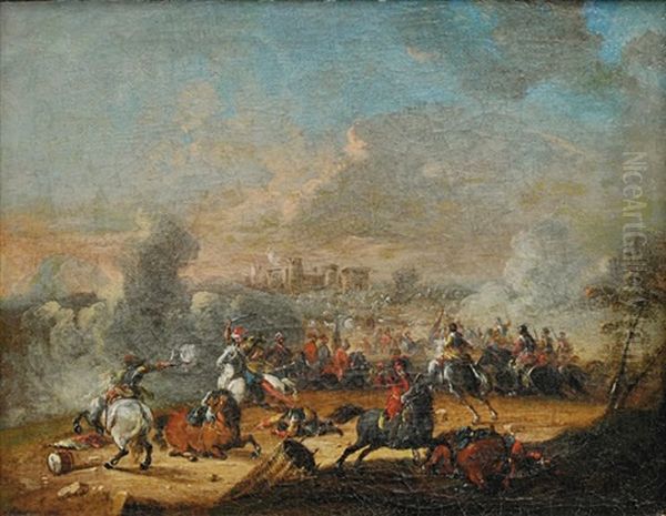 Combat De Cavalerie En Avant D'un Port Oil Painting by Karel Breydel