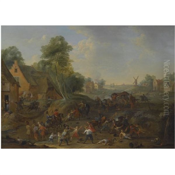 A Landscape With A Cavalry Skirmish And A Village Under Attack Oil Painting by Karel Breydel