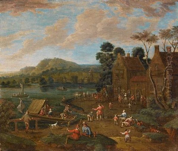 An Extensive River Landscape With Figures Dancing And Playing Music Before A Village (+ A River Landscape With Figures Departing In A Ferry And Others Dancing Before An Inn; Pair) Oil Painting by Karel Breydel