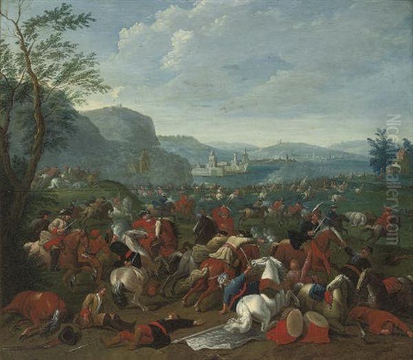 A Wooded Landscape With A Cavalry Battle And A Village Under Siege, A Fort Beyond Oil Painting by Karel Breydel