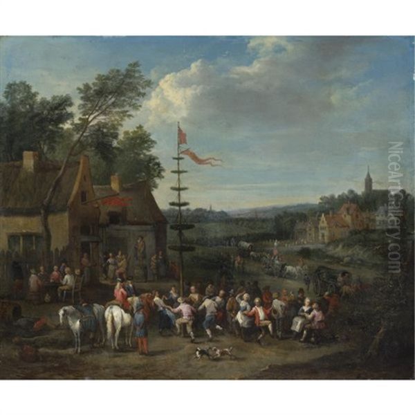 A Village Fair With Figures Dancing Around A Maypole Oil Painting by Karel Breydel