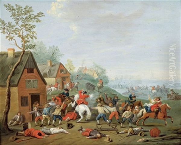 Eine Reitertruppe Uberfallt Ein Flamisches Dorf Oil Painting by Karel Breydel