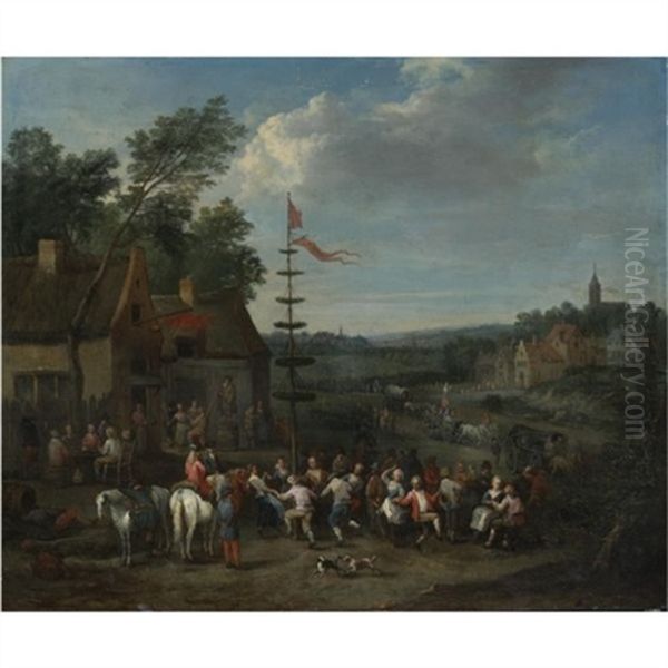 A Village Fair With Figures Dancing Around A Maypole Oil Painting by Karel Breydel