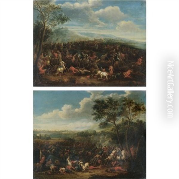 A Cavalry Battle In An Extensive Landscape With A Coastal Fort Beyond And A Hilltop Town In The Distance (+ A Cavalry Battle In An Extensive Landscape With A City In The Distance; Pair) Oil Painting by Karel Breydel