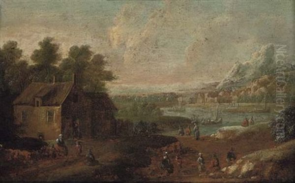 Mountainous River Landscape With Figures By A House Oil Painting by Karel Breydel