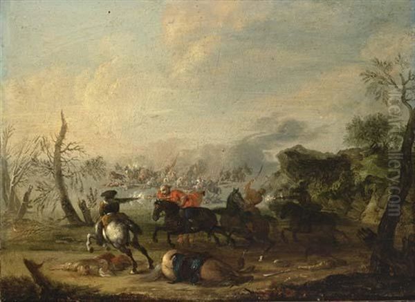 A Cavalry Battle Scene Oil Painting by Karel Breydel