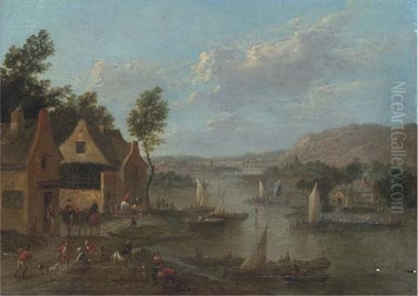 A River Landscape With Mounted Figures By An Inn, Fisherman At Sea Beyond (+ Another Similar; Pair) Oil Painting by Karel Breydel