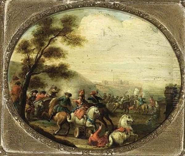 A Cavalry Battle Scene With A Fortified Castle Beyond by Karel Breydel