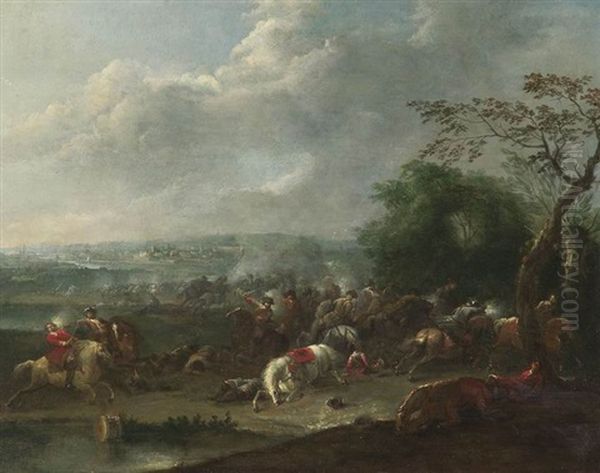 Reiterschlacht In Einem Weiten Flustal Oil Painting by Karel Breydel