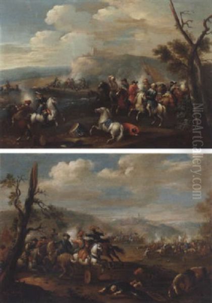 A Cavalry Battle Between Christians And Turks, A Hilltop Fort In The Distance Oil Painting by Karel Breydel