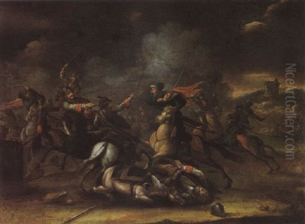 A Cavalry Battle Scene Oil Painting by Karel Breydel