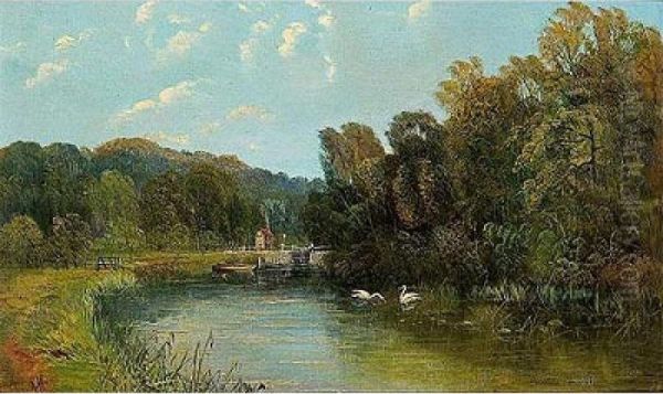 Paisaje Con Lago Y Cisnes Oil Painting by Robert Weir Allan