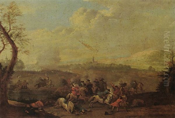 A Cavalry Battle Scene With A Village Beyond Oil Painting by Karel Breydel