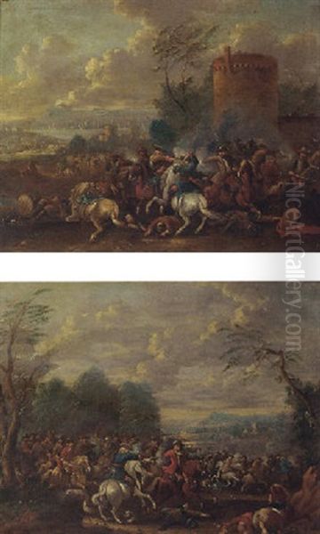 A Cavalry Skirmish Outside A Fort Oil Painting by Karel Breydel