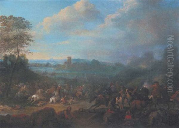 A Cavalry Battle In An Extensive Landscape Oil Painting by Karel Breydel