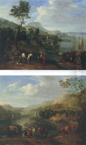 River Landscape With Drovers And Soldiers Conversing In The Foreground, Figures In Boats And Towns Beyond Oil Painting by Karel Breydel